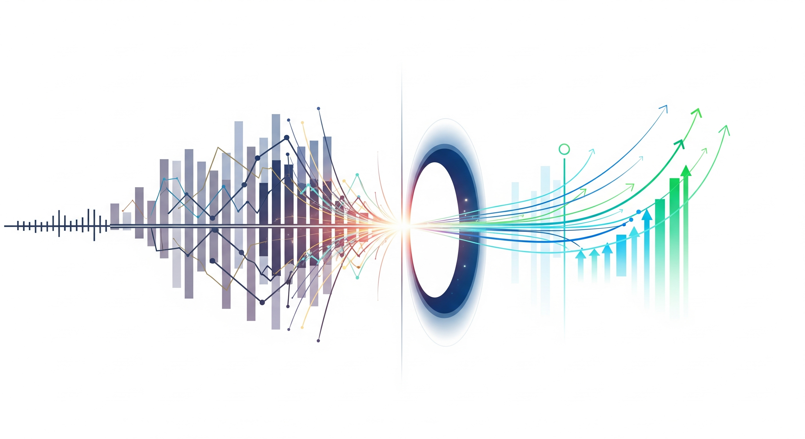 Illustration showing a transition from looking backward at past data to looking forward with predictive insights.