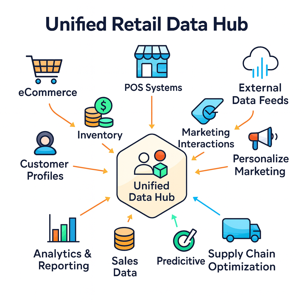 A diagram showing the flow of data between online, mobile, and physical retail stores.