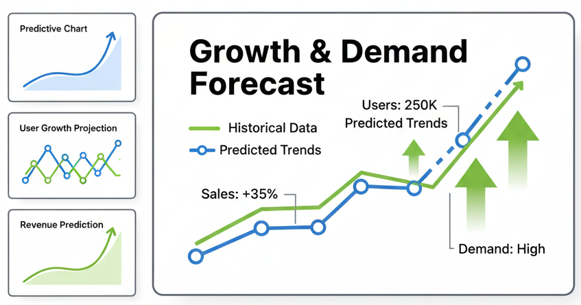 A dashboard showing predictive charts with upward trends.