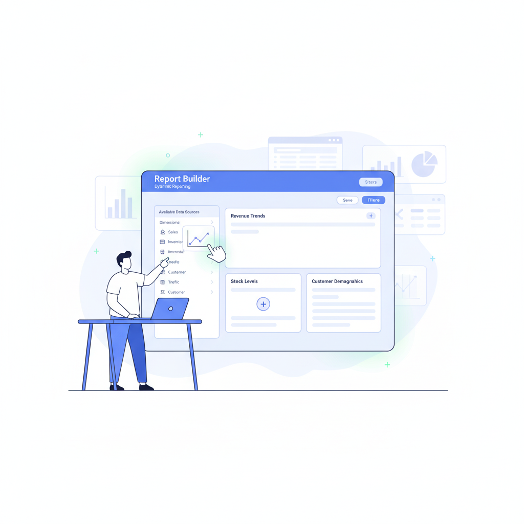 Illustration of a user building a custom report on a screen.