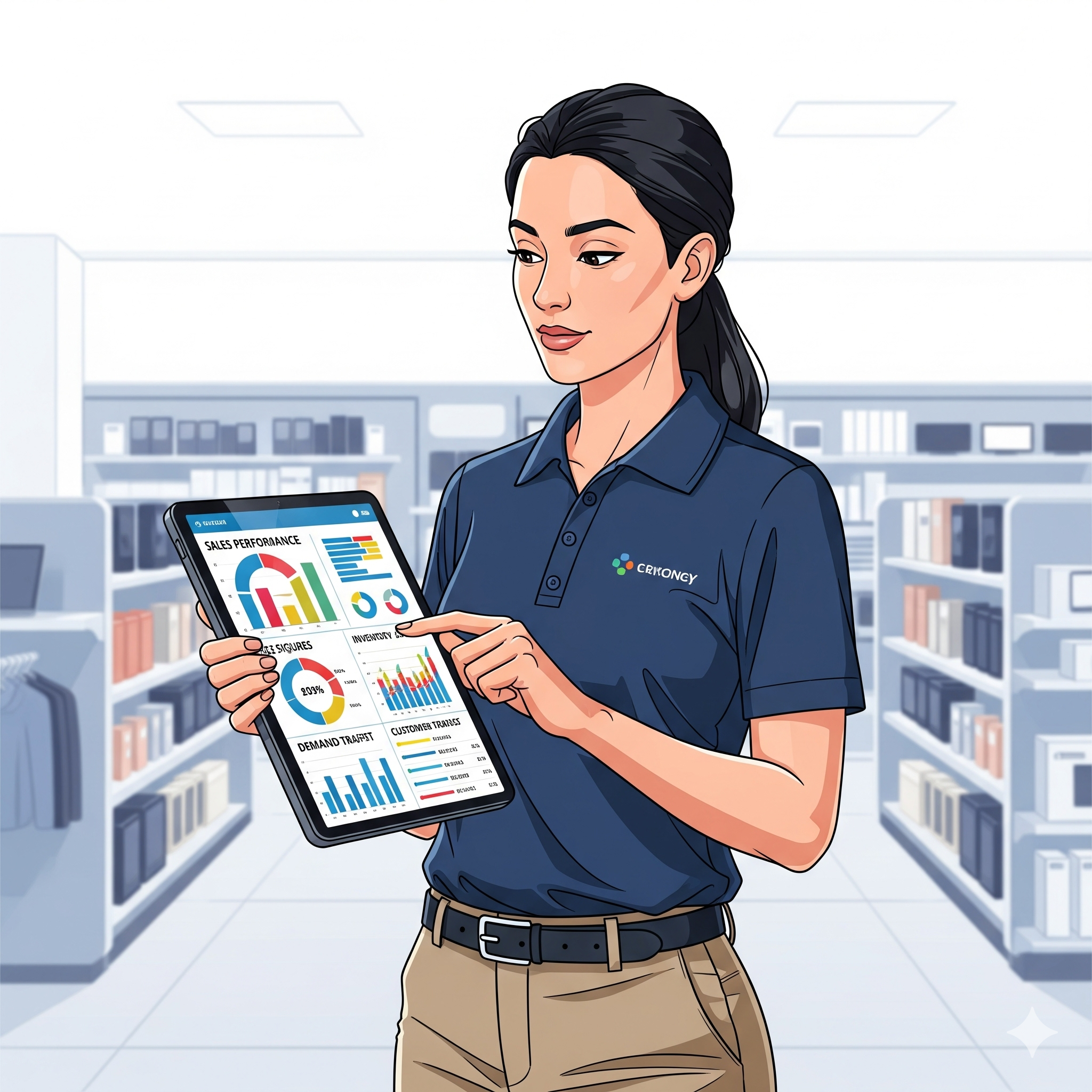 A retail manager reviewing sales performance on a tablet in a store.