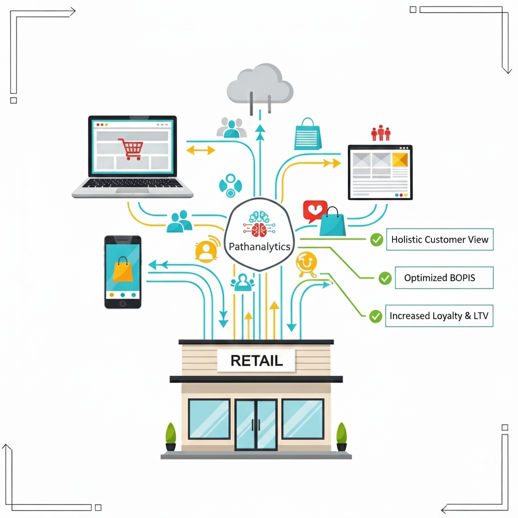 Illustration showing a physical store connected to online channels.
