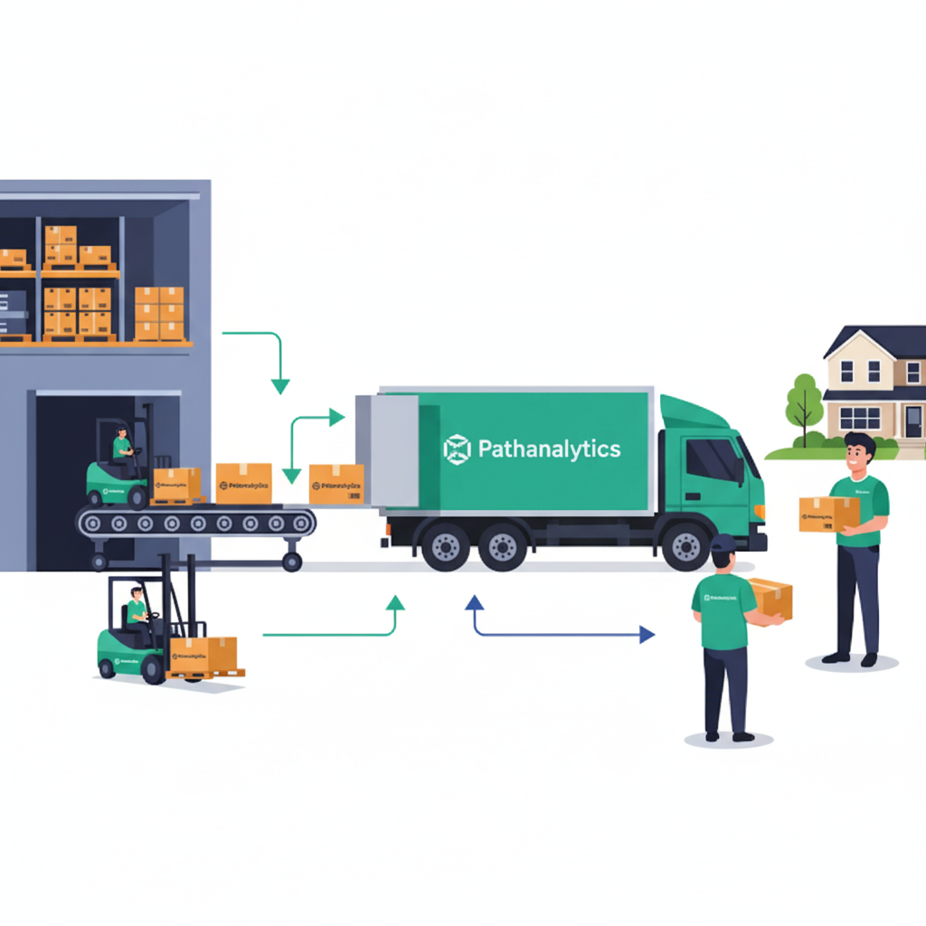 An illustration showing the flow of goods from warehouse to delivery truck to customer.